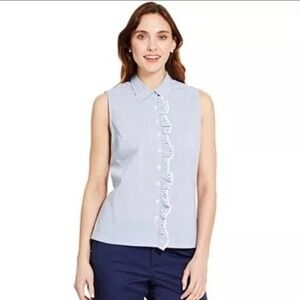Izod Sleeveless Cotton Blouse accented with Eyelet Ruffle down the Front - Large